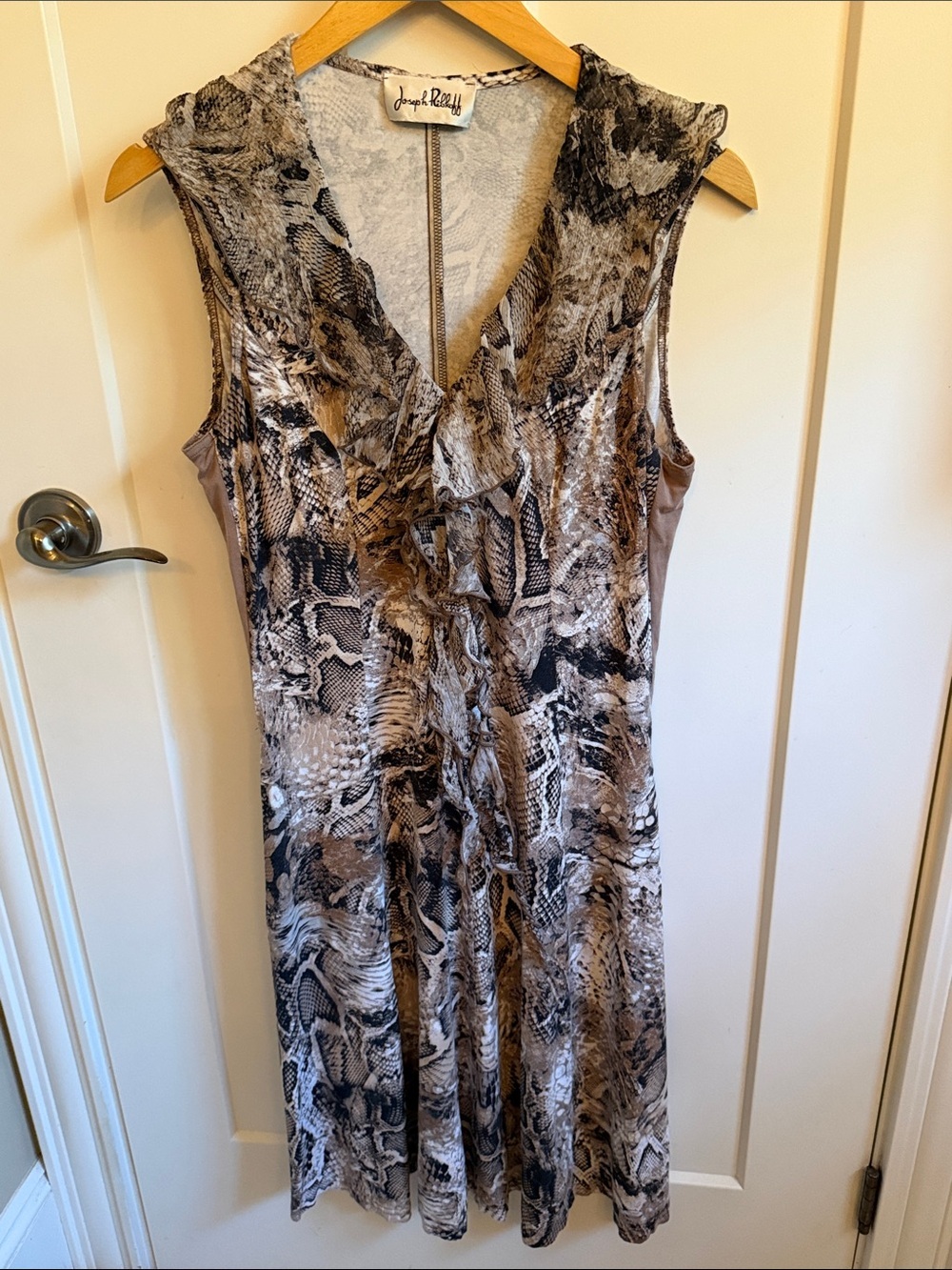 Joseph Ribkoff Black & Tan Snake-Print V-Neck Dress with Ruffle Front